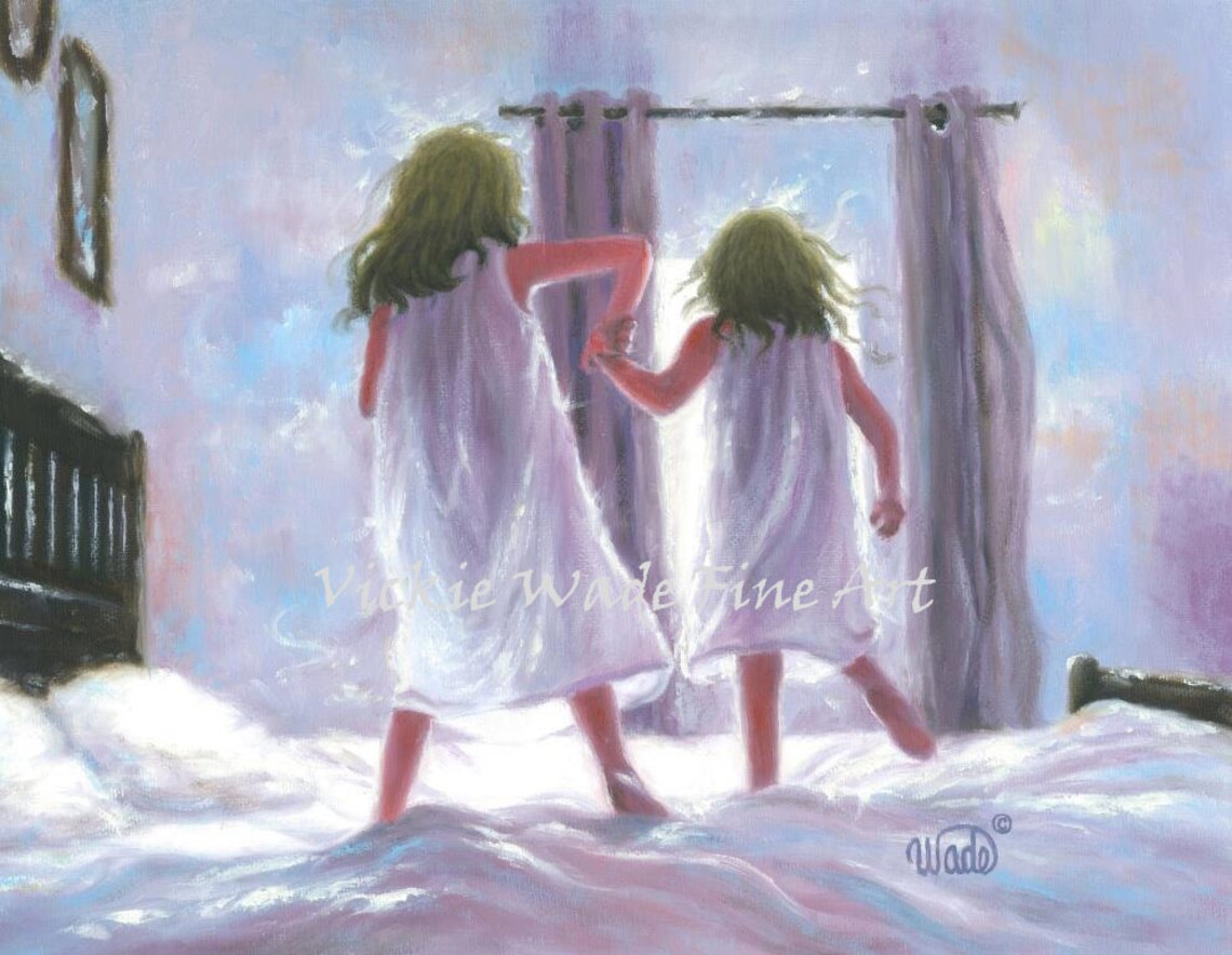 Two Little Sisters Jumping on the Bed in White Nightgowns Poster