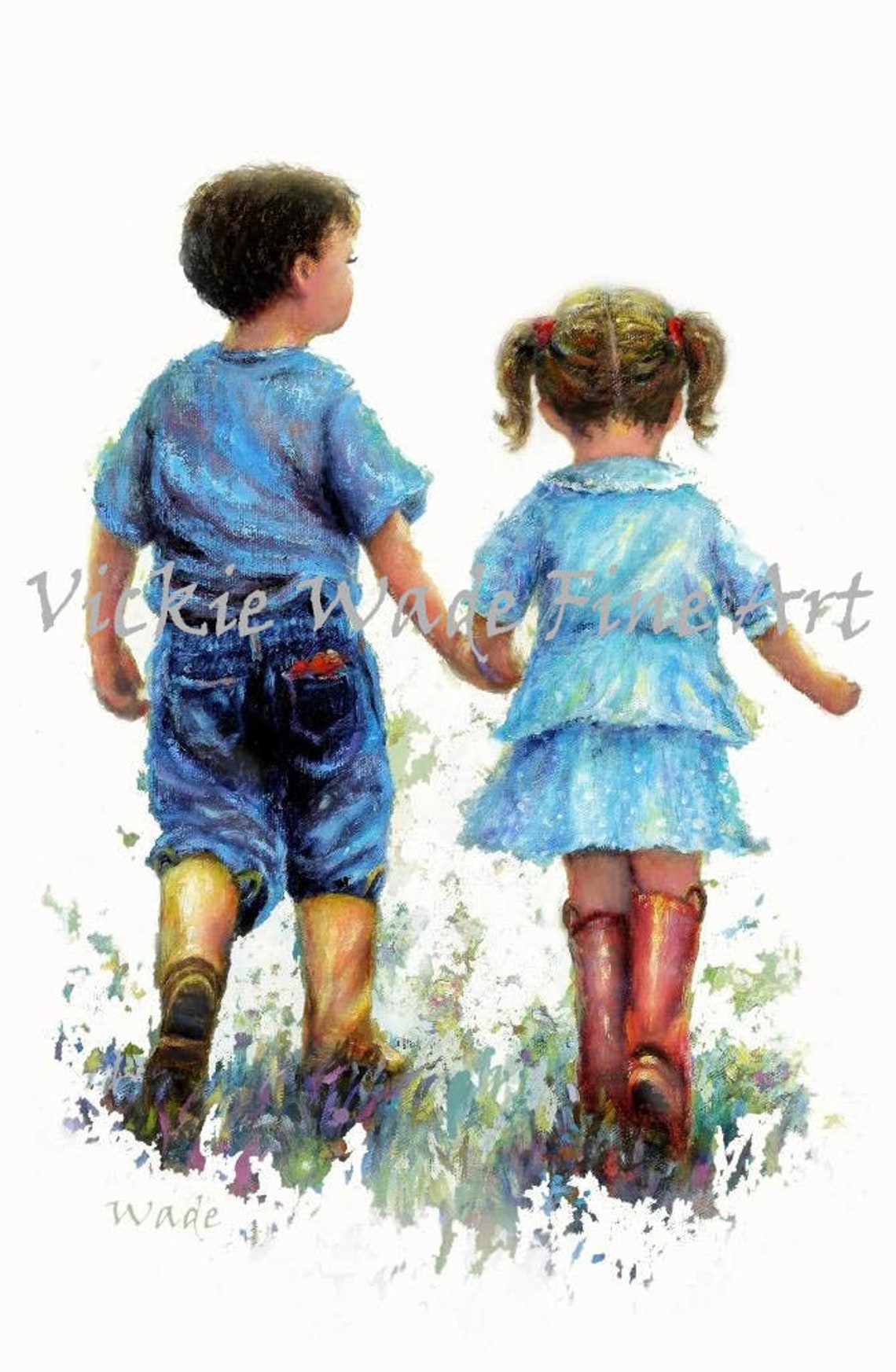 Brother And Sister Walk Art Print Boy And Girl Holding Hands Brunette Boy Blonde Girl Walking Together Hand In Hand Vickie Wade Art
