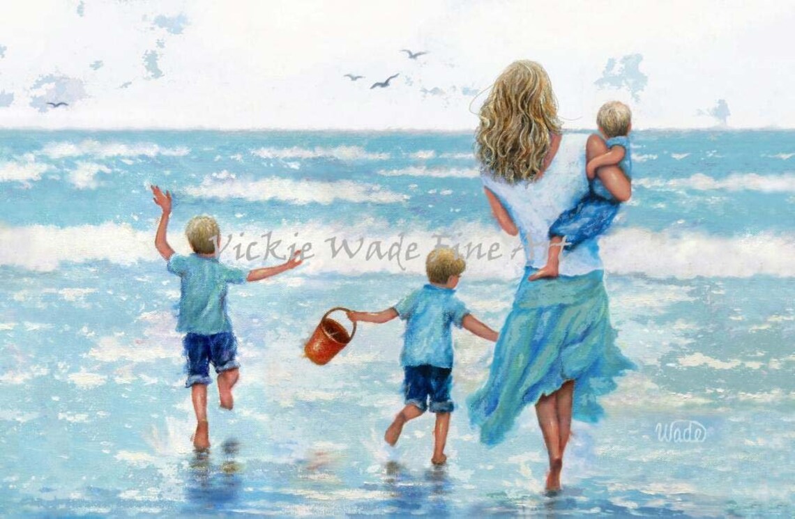 Mother and Three Sons Beach Art Print, Vickie Wade