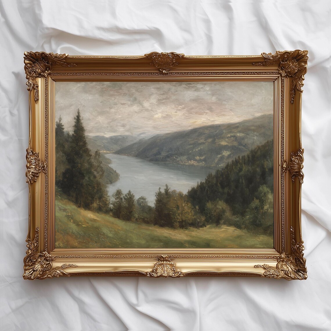 Serene Mountain Lake Painting In Gold Frame With Forested Hills Wall Art