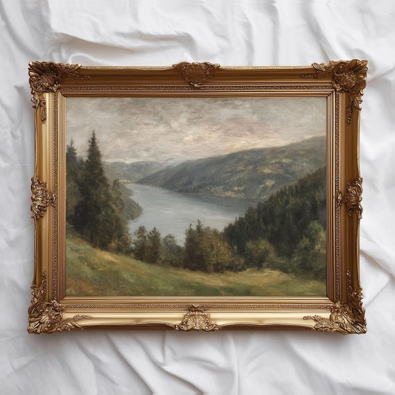 Whispers Of The Valley Serene Mountain Landscape Wall Art Neutral Lake View Painting Rustic Nature Decor