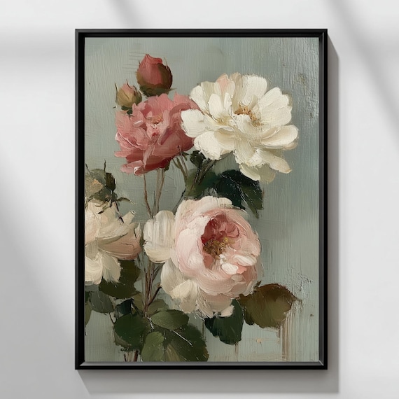Vintage Rose Bouquet Painting Romantic Floral Wall Art Blush Pink White Flower Oil Print Neutral Botanical Decor