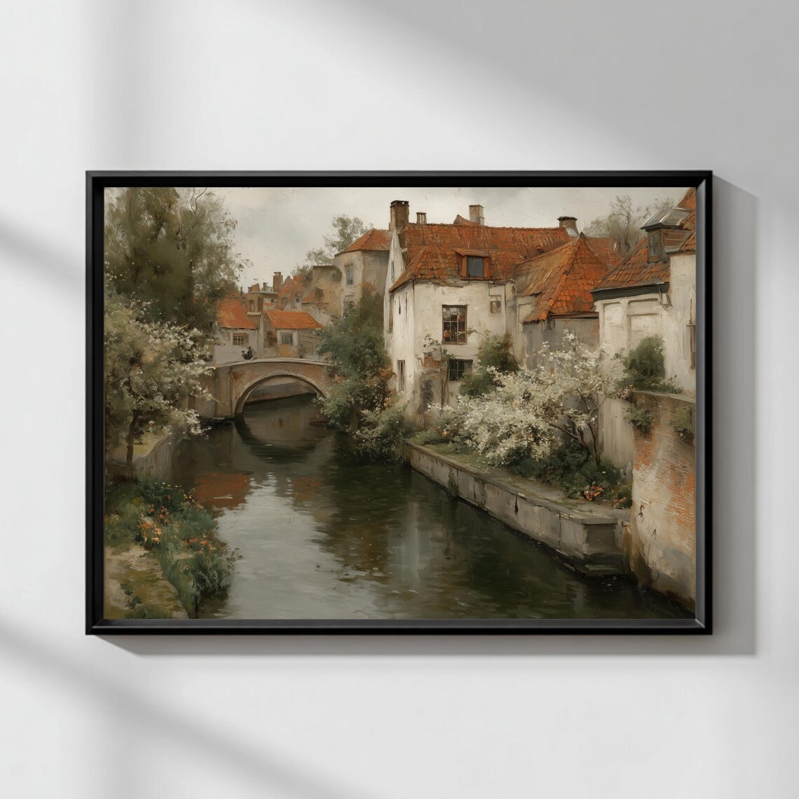 European Village Bridge Vintage Canal Landscape Art Print