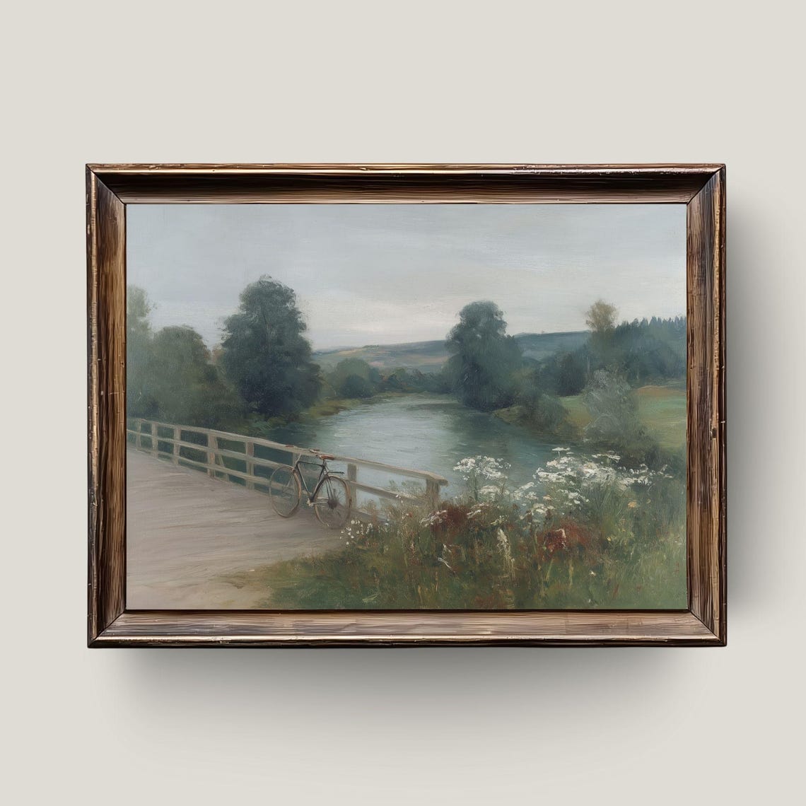 Countryside River Bridge Vintage Bicycle Wildflower Meadow Art Poster