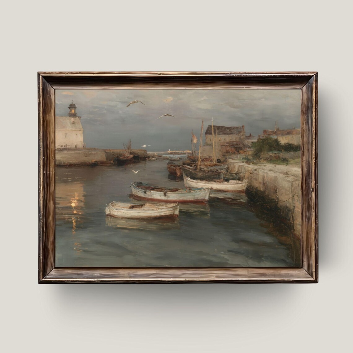 Vintage Lighthouse Harbor Oil Painting Coastal Seagull Scene Poster