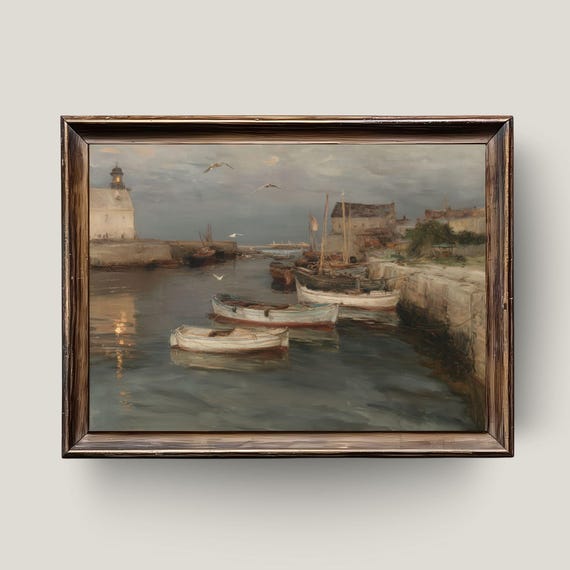 Vintage Lighthouse Oil Painting Coastal Harbor Scene