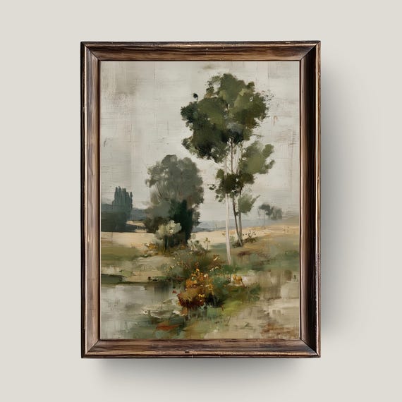 Countryside Landscape Painting Soft Green Minimalist Wall Art