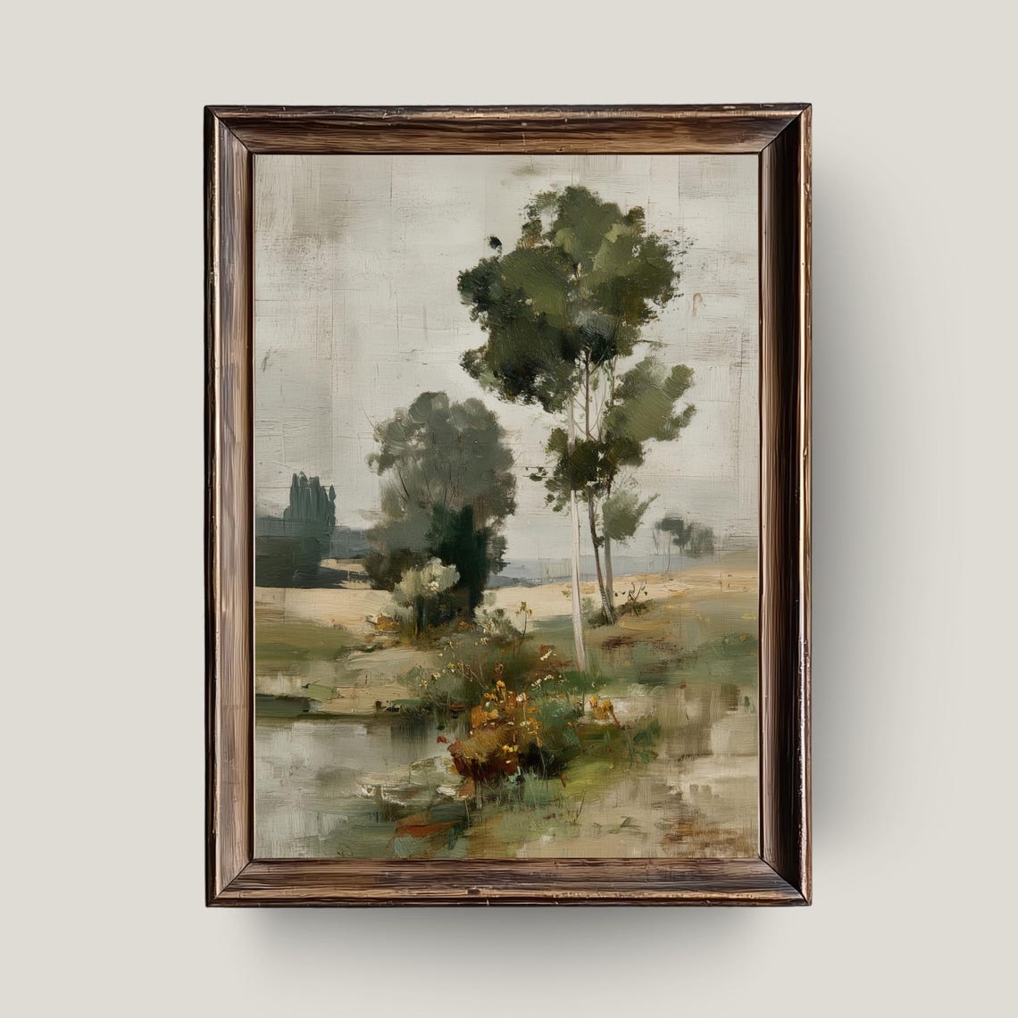 Countryside Landscape Painting Soft Green Trees Vintage Oil Wall Art