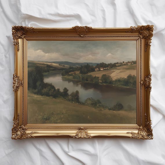 Countryside River View Tranquil Landscape Wall Art Warm Nature Painting Rustic Country Decor