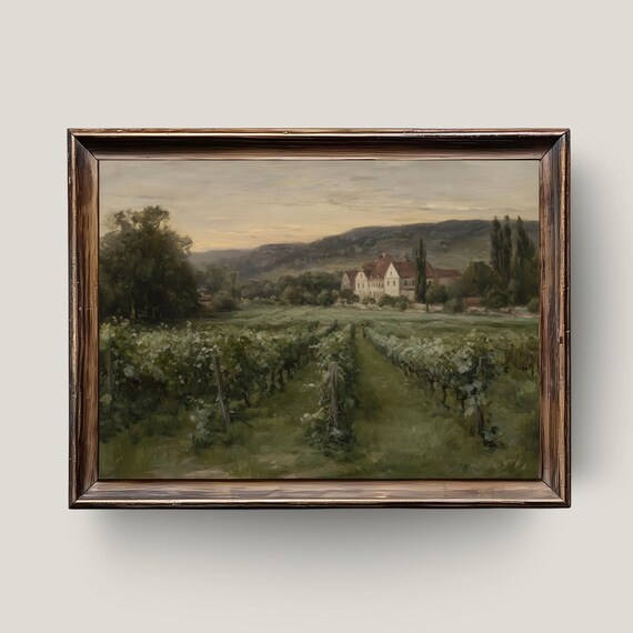 French Vineyard Sunset Farmhouse Vintage Oil Painting Countryside Print