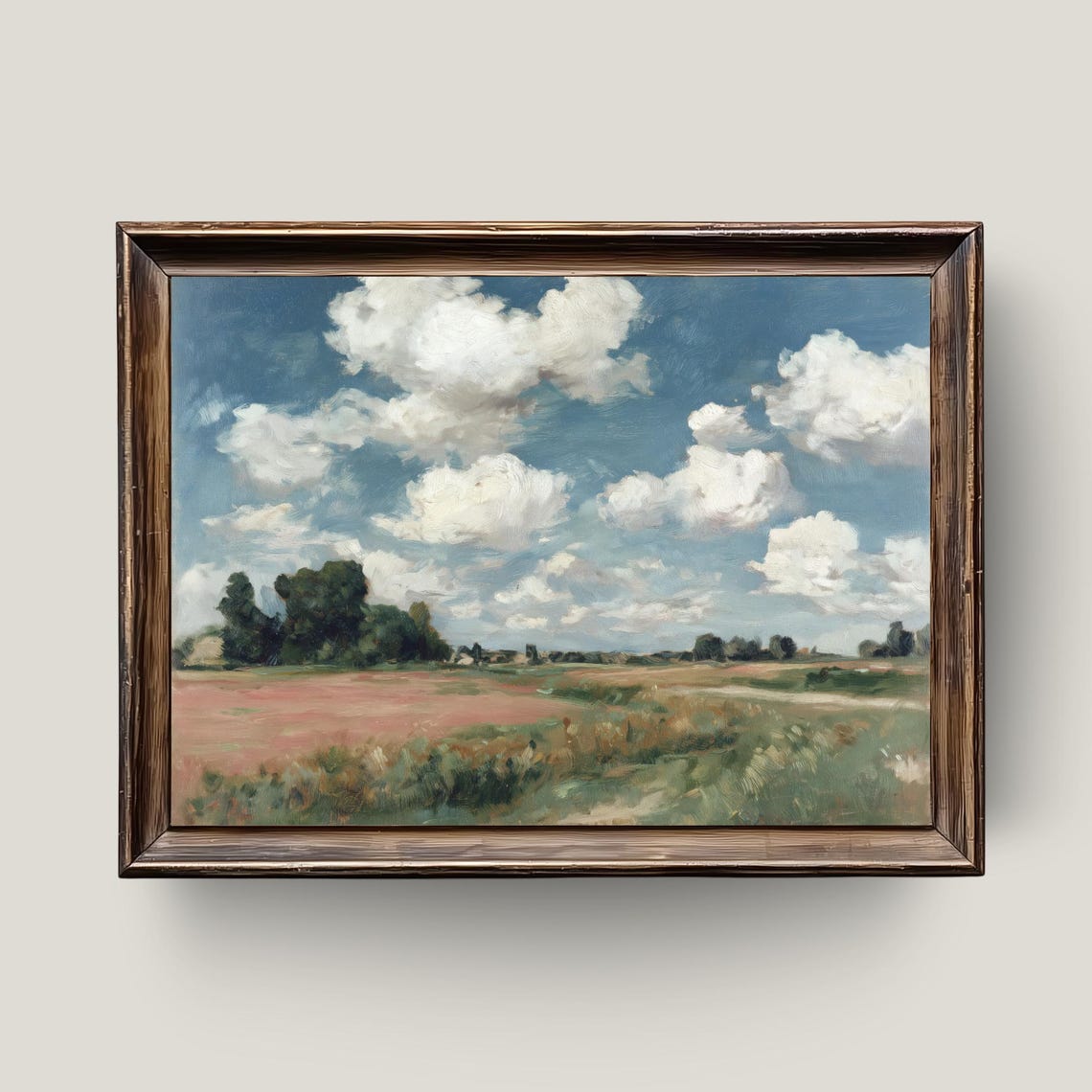 Countryside Meadow Under Big Clouds Impressionist Oil Painting Print