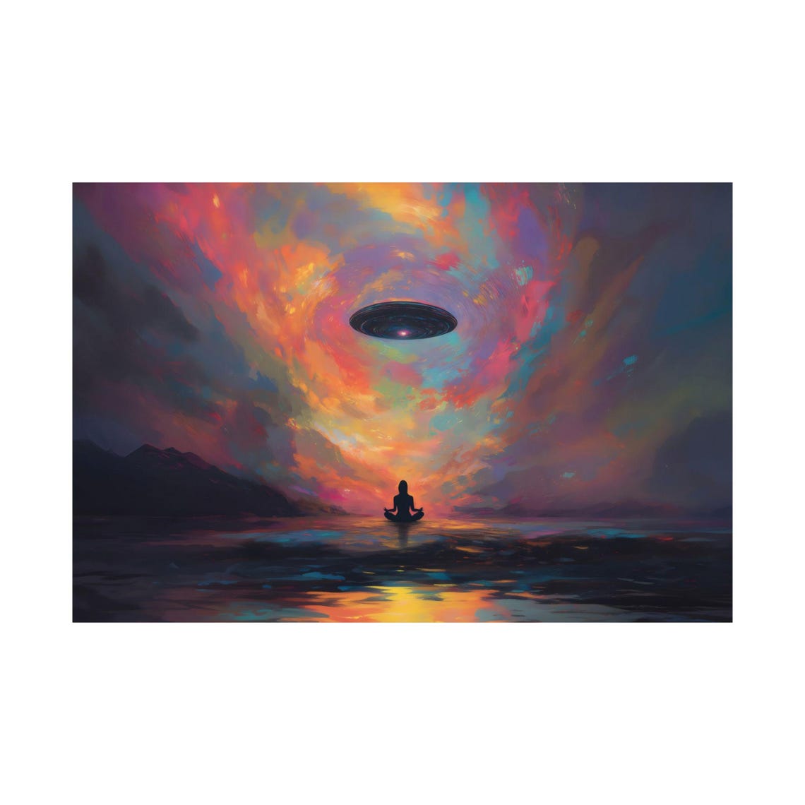 Cosmic Meditation Figure Beneath Glowing UFO in Nebula Poster - Image 3