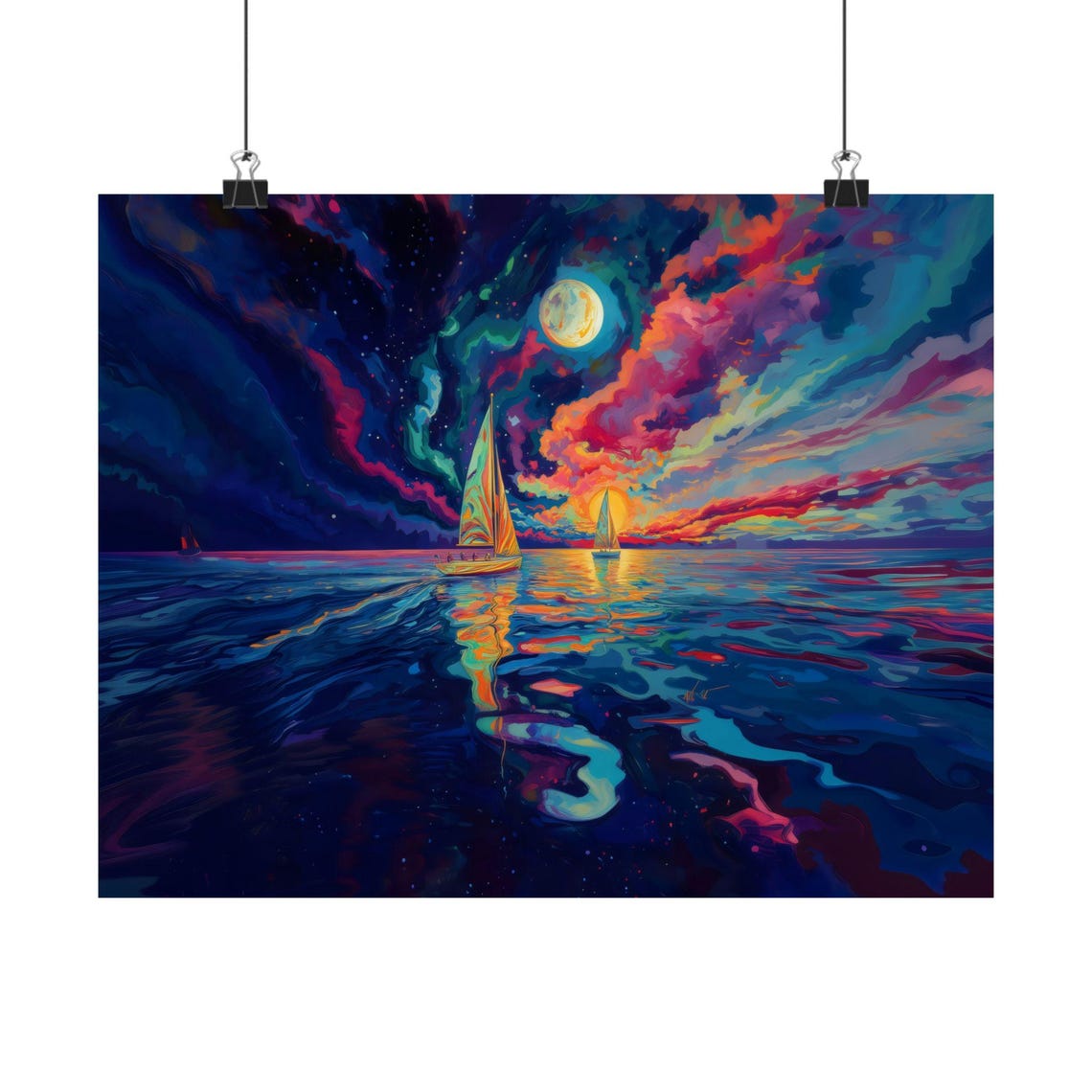 Psychedelic Sailboats Under Colorful Moonlit Night Sky Ocean Poster