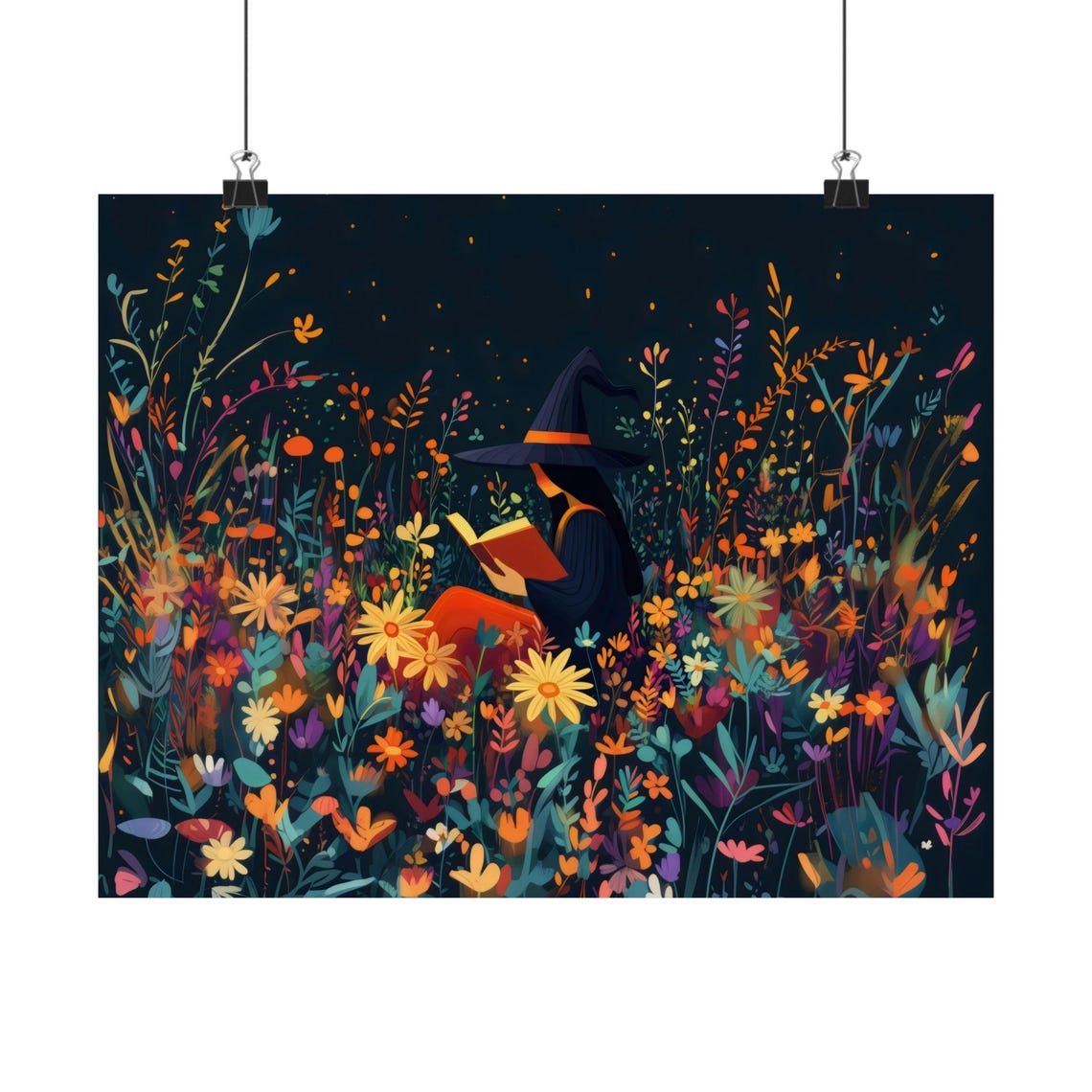 Witch Reading a Book Among Wildflowers Under a Night Sky Poster