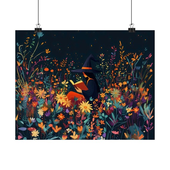 Witch Reading a Book Among Wildflowers Under a Night Sky Poster