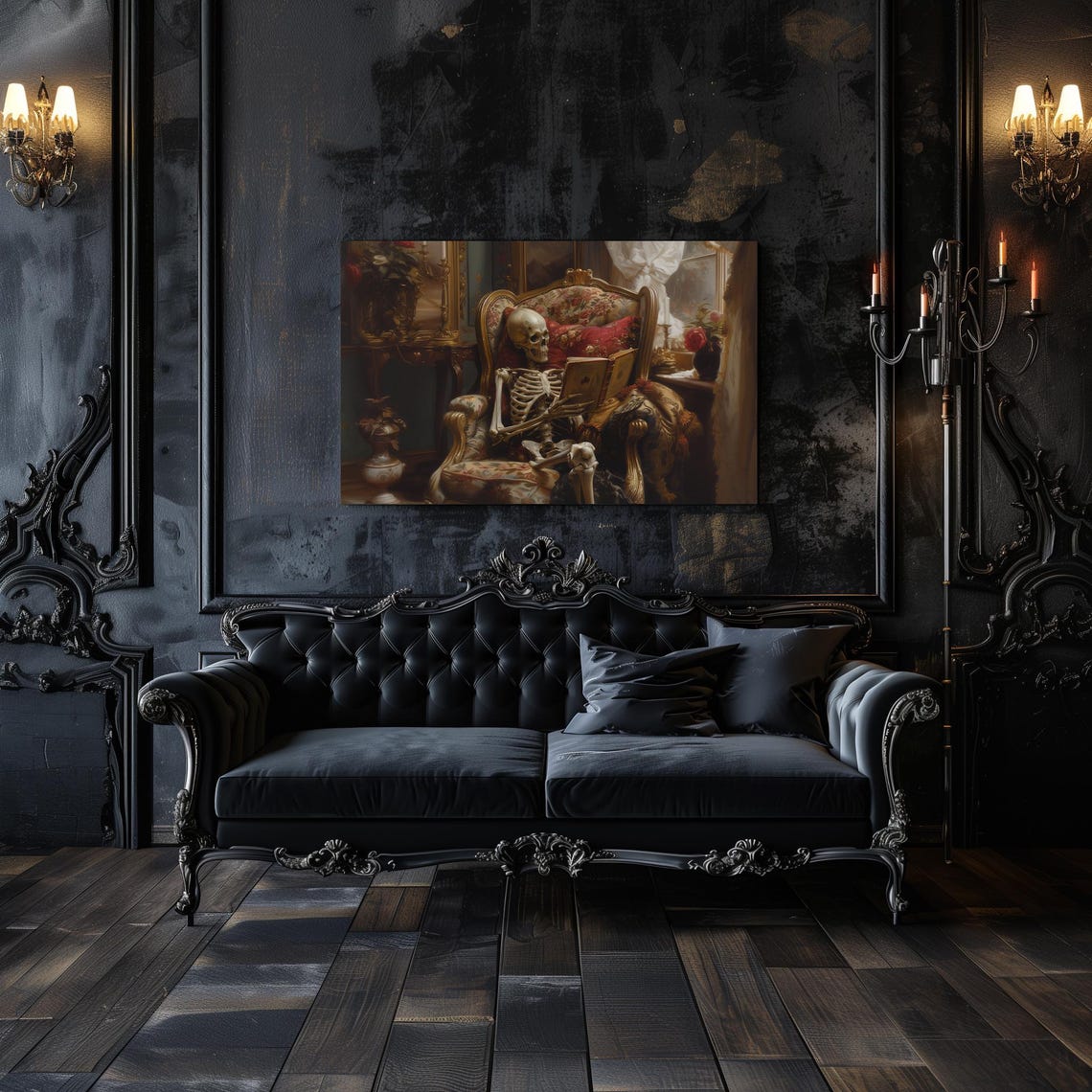Skeleton Reading Book in Antique Armchair Gothic Moody Art Poster