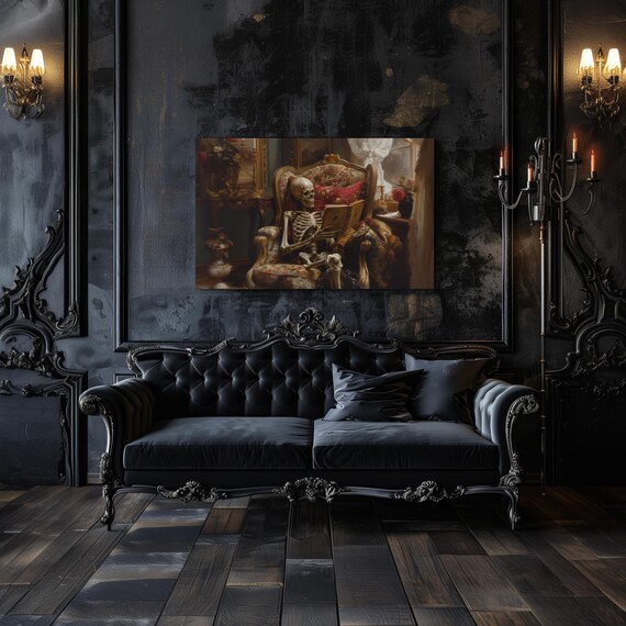 Skeleton Reading Book in Antique Armchair Gothic Moody Art Poster