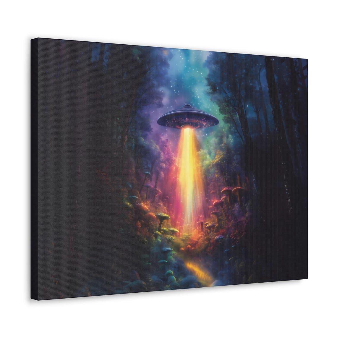Glowing UFO Over Colorful Mushroom Forest on Starry Night Poster
