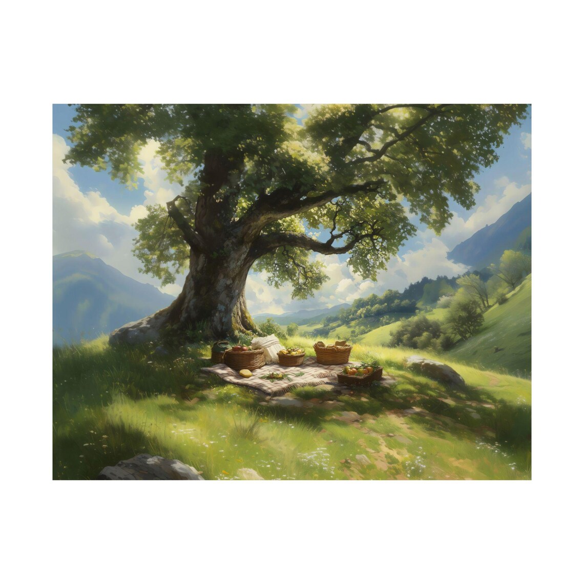 Mountain Meadow Picnic Under Big Tree With Food Baskets In Sunshine Poster - Image 3