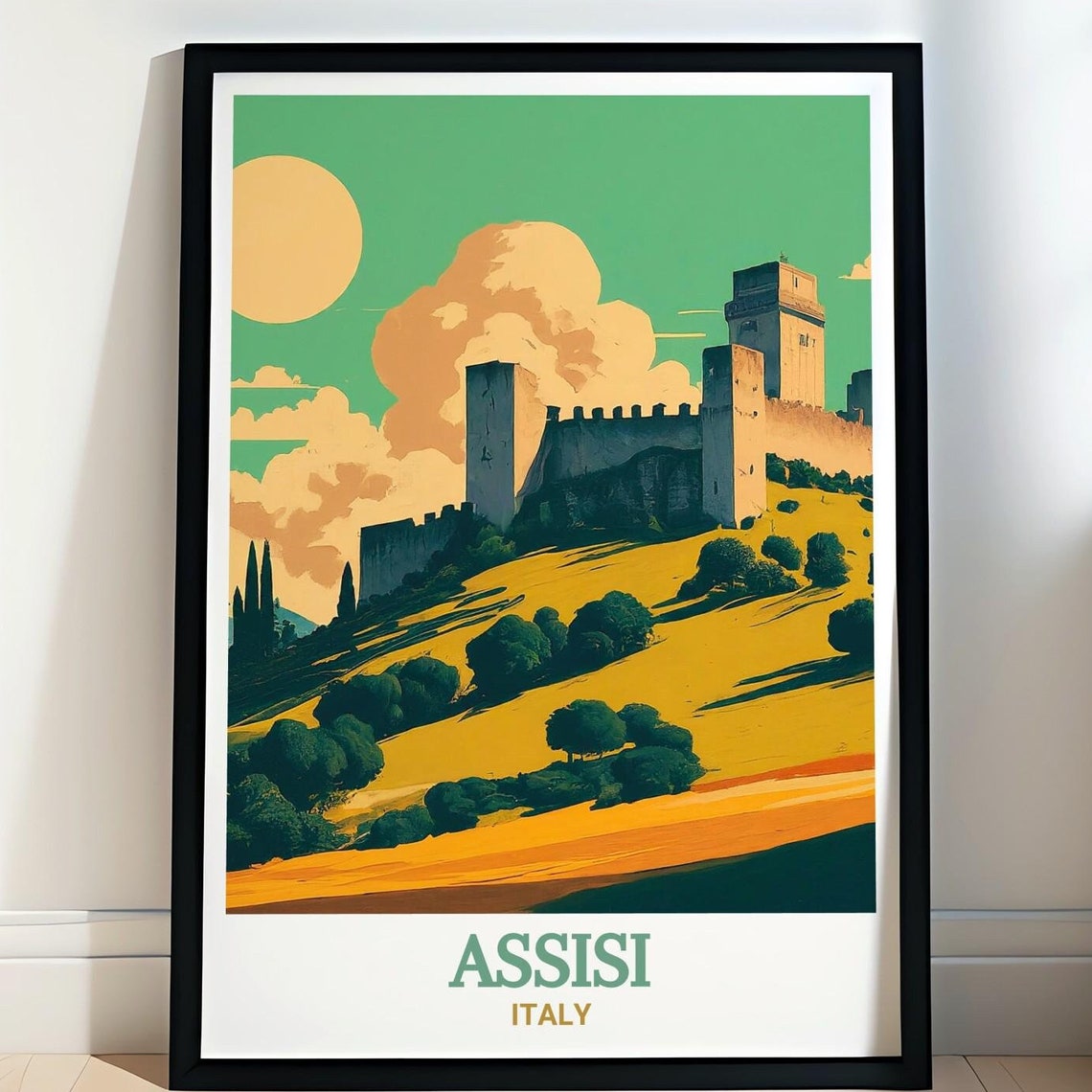 Assisi Italy Rocca Maggiore Fortress Golden Hills Travel Poster