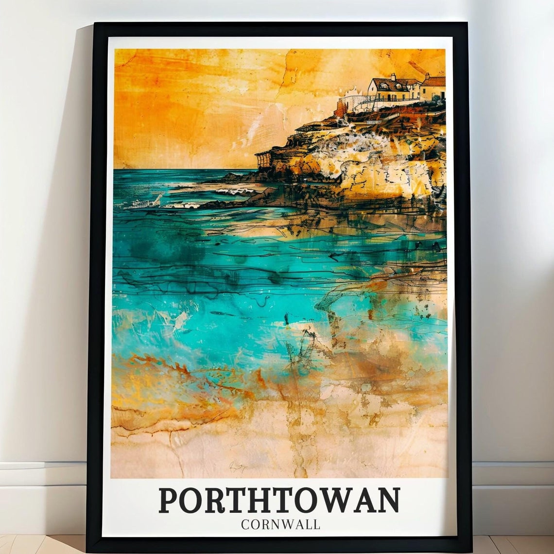 Porthtowan Cornwall Sunset Cliffside Beach Scene Travel Poster