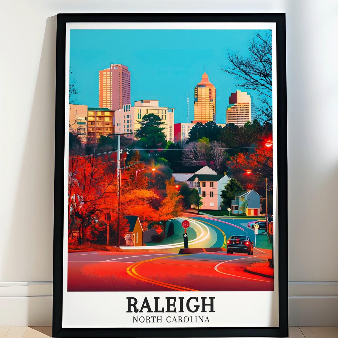 Raleigh North Carolina Autumn Sunset Skyline City Street Poster