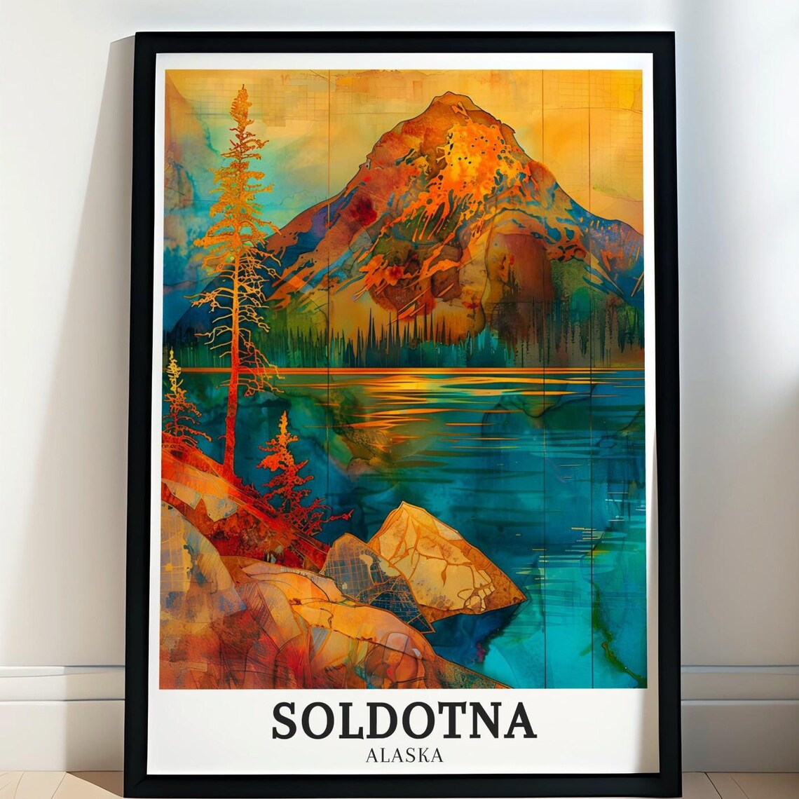 Soldotna Alaska Mountain Lake Pines Colorful Watercolor Travel Poster