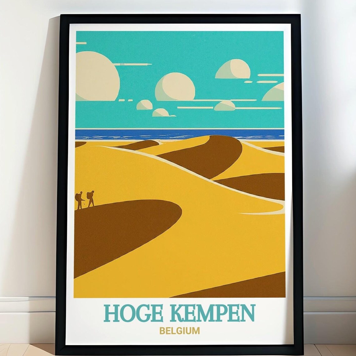 Hoge Kempen Belgium Golden Sand Dunes Hikers Minimal Art Poster