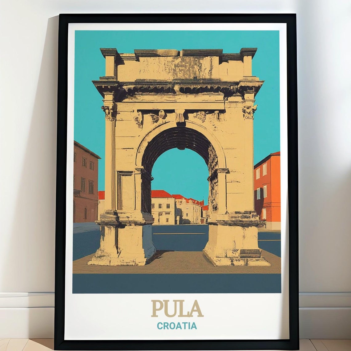 Pula Croatia Poster with Arch of the Sergii in Retro Graphic Style