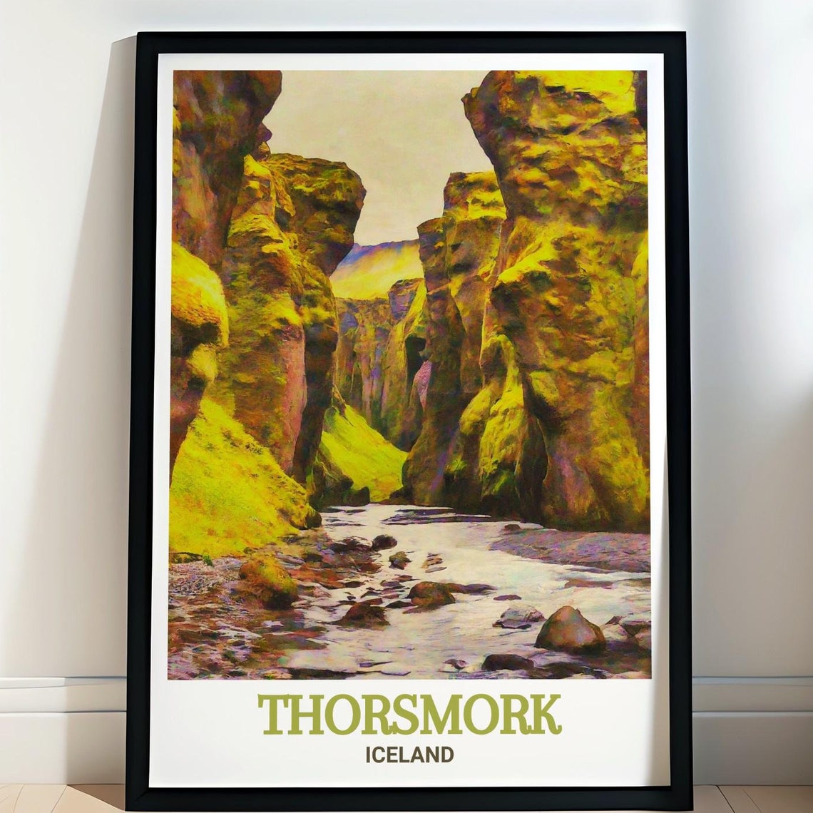Thorsmork Iceland Mossy Green Rock Canyon River Bend Travel Poster