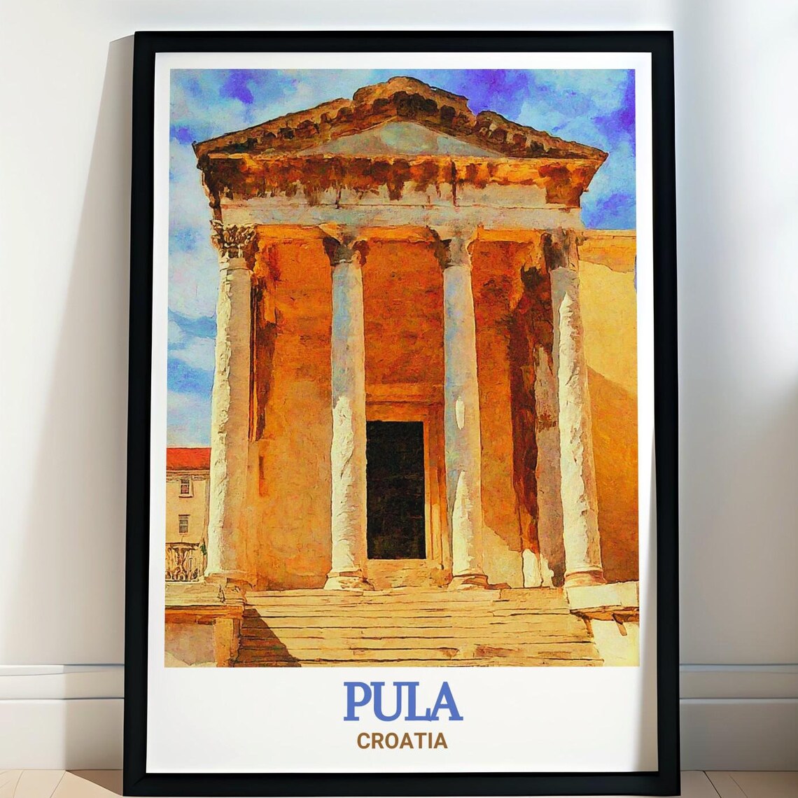 Pula Croatia Poster with Temple of Augustus in Watercolor Style