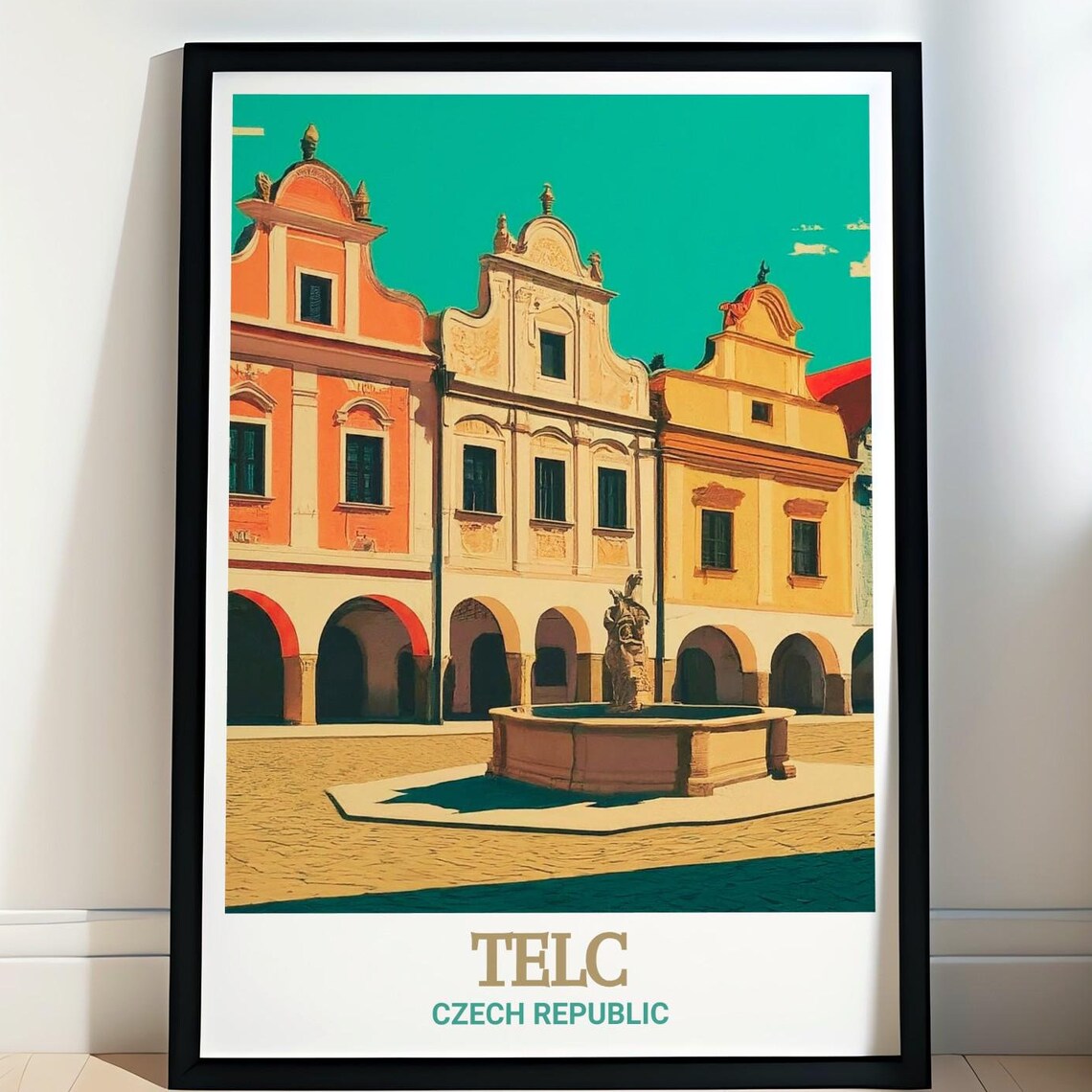 Telc Czech Republic Historic Old Town Square Fountain Travel Poster