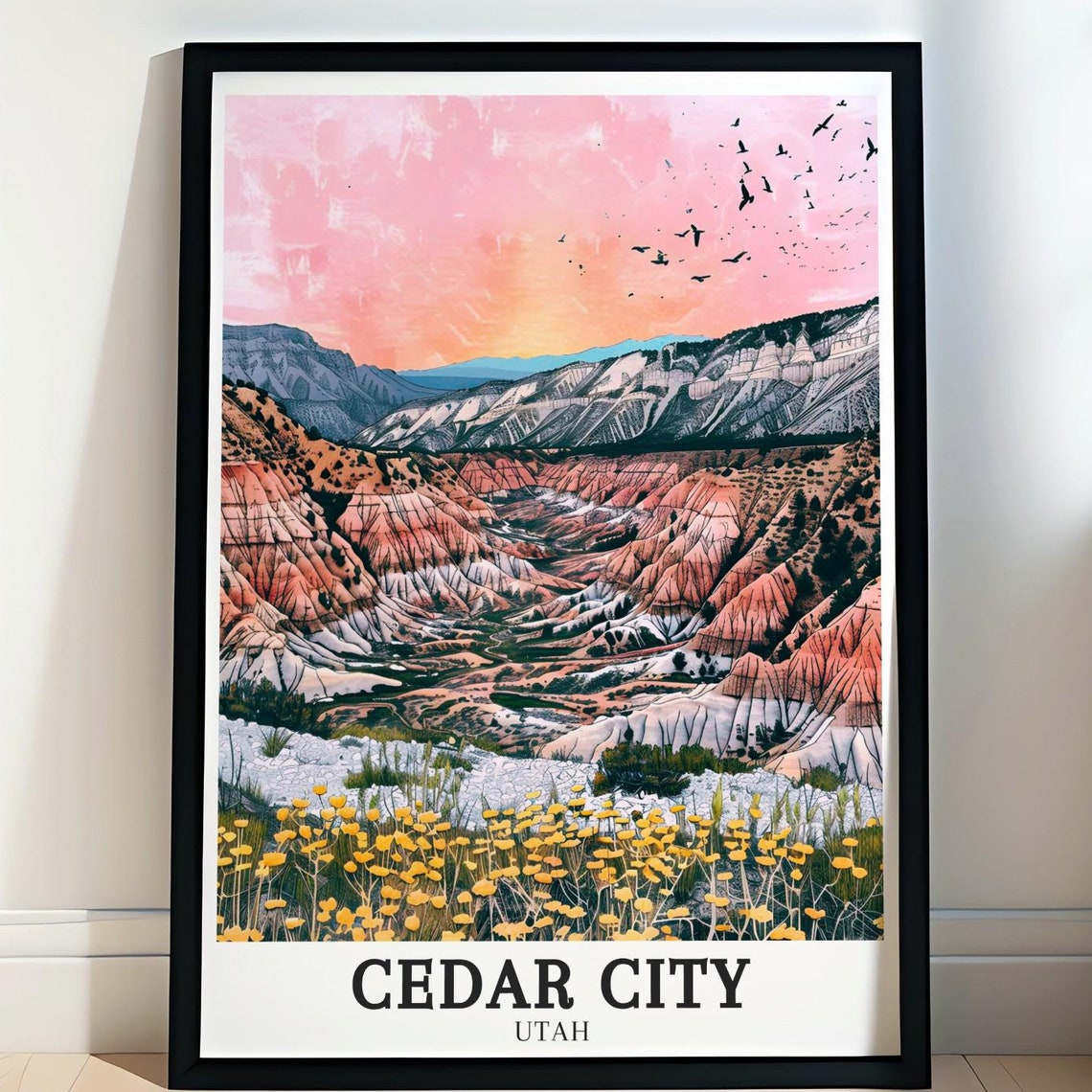 Cedar City Utah Poster Sunset Canyon with Wildflowers and Flying Birds