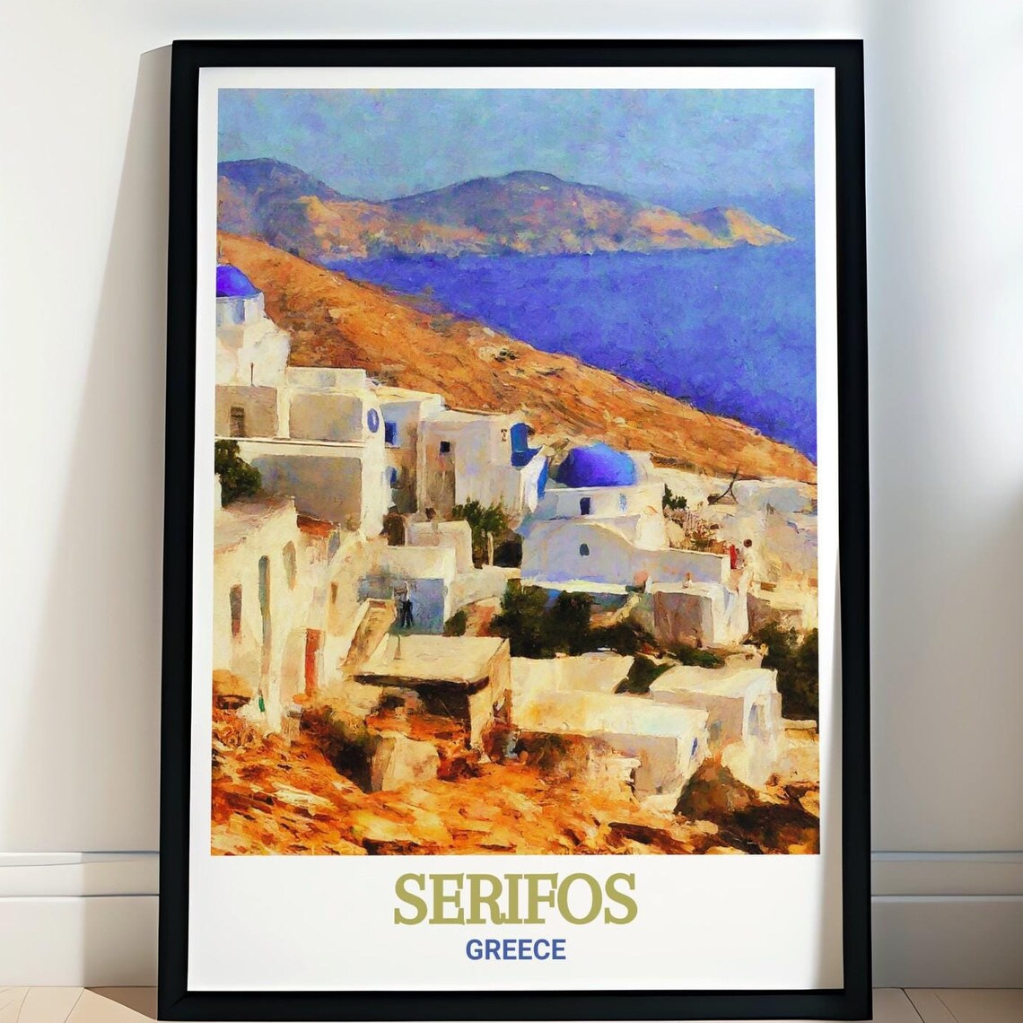 Serifos Greece Sunlit Harbor White Village Hillside Travel Poster