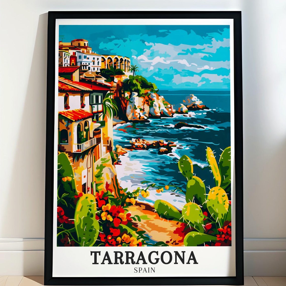 Tarragona Spain Mediterranean Cliffside Cove Cactus Art Poster