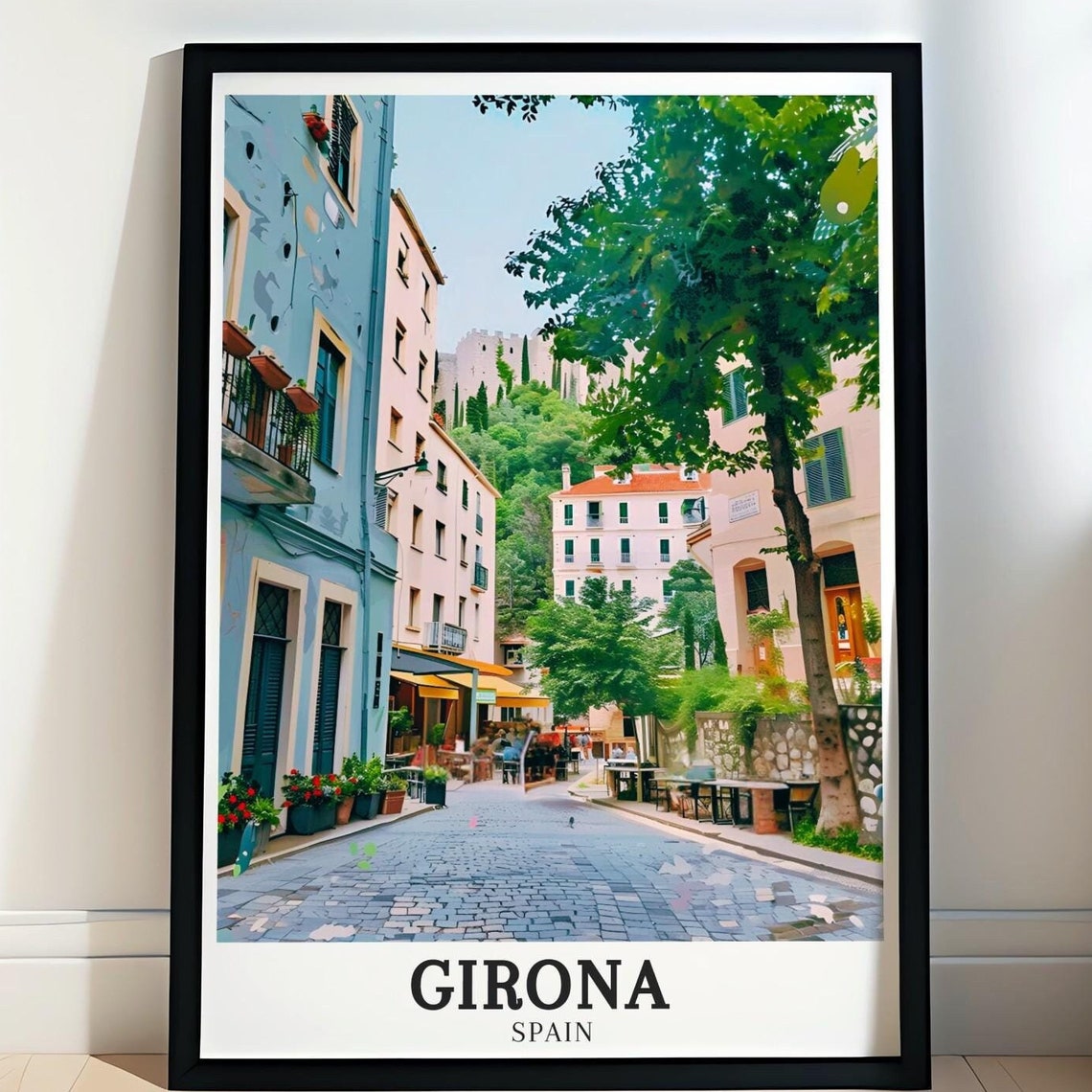 Girona Spain Cobblestone Old Town Street Cafe Scene Travel Poster