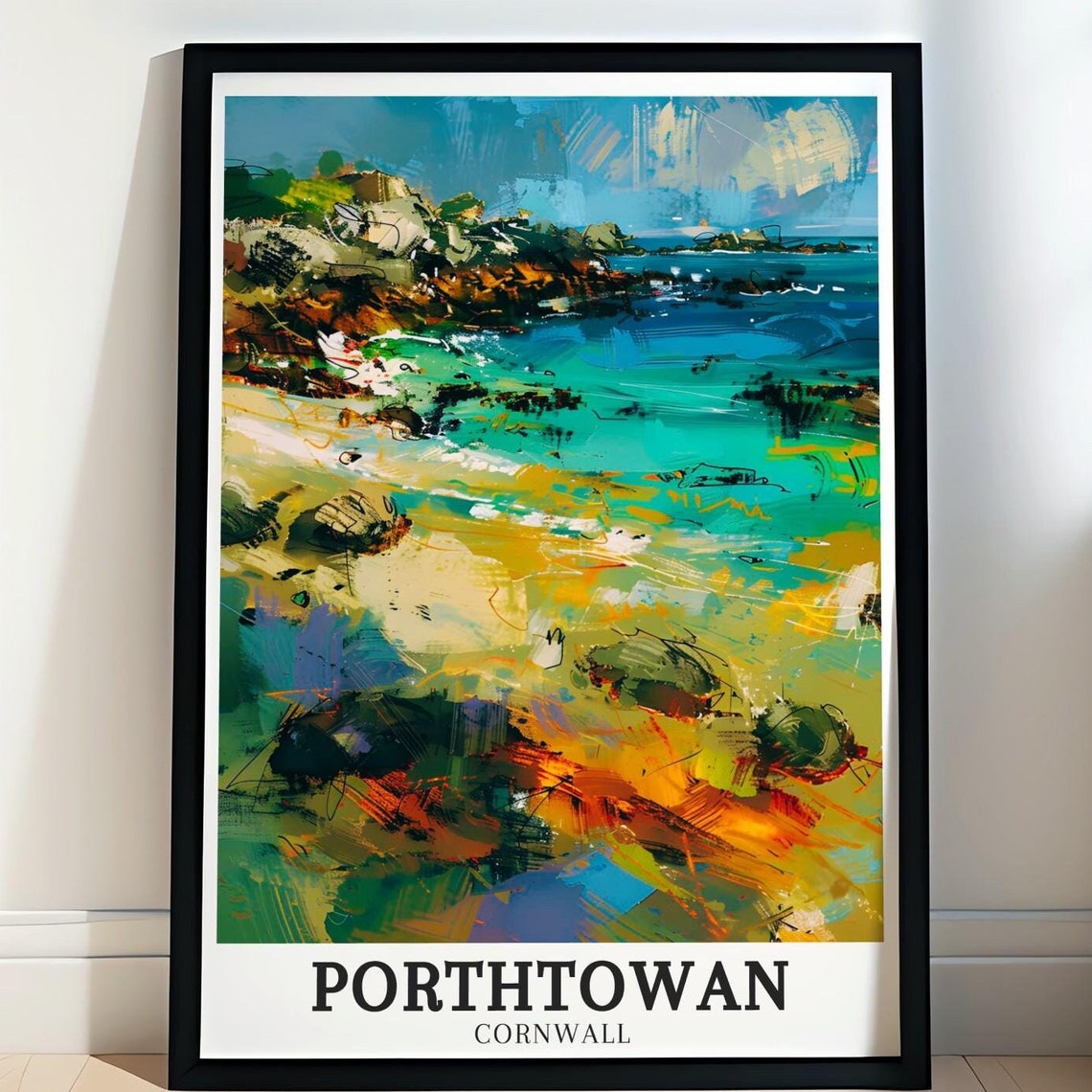 Porthtowan Cornwall Rocky Coast Turquoise Sea Art Travel Poster