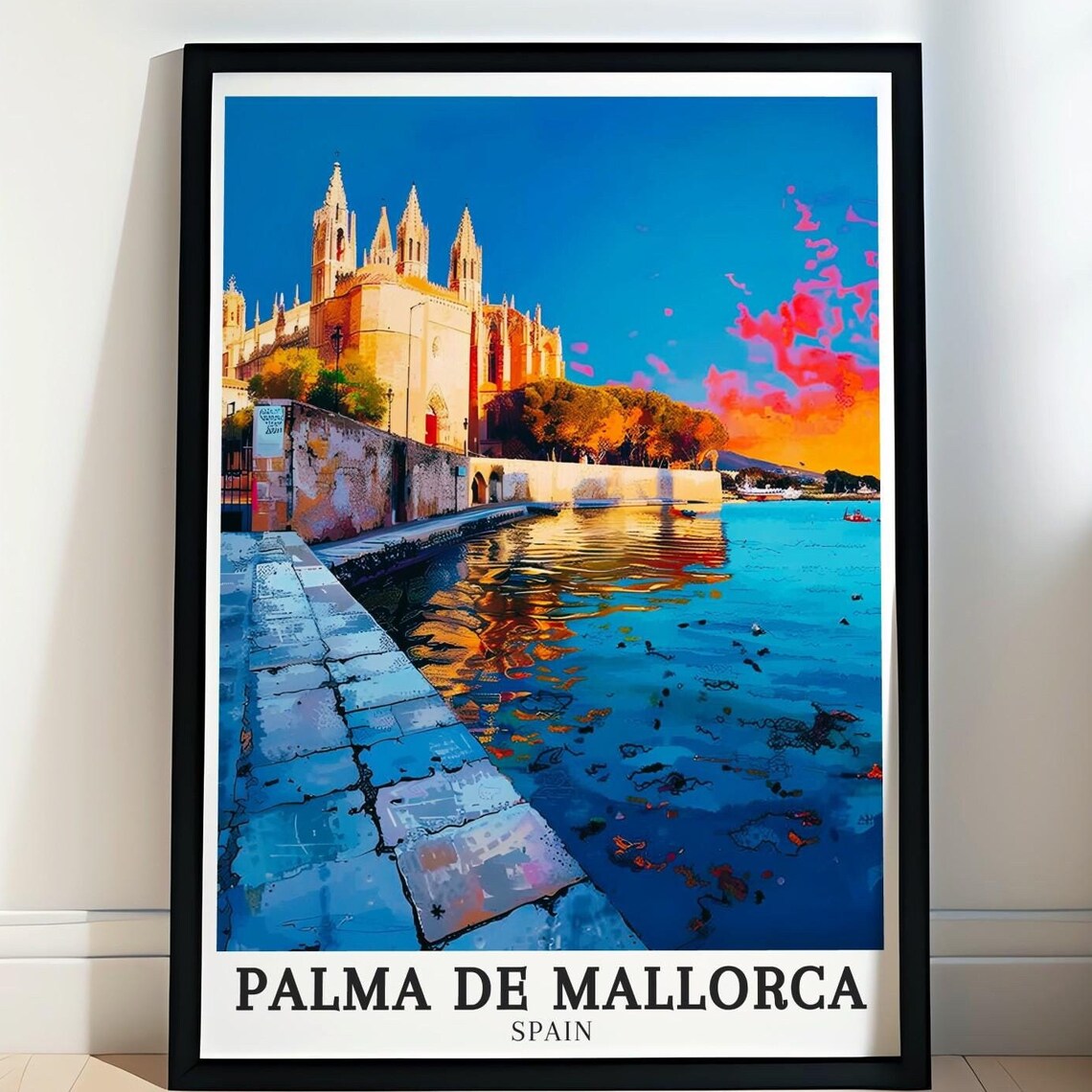 Palma De Mallorca Cathedral Waterfront Sunset Scene Travel Poster