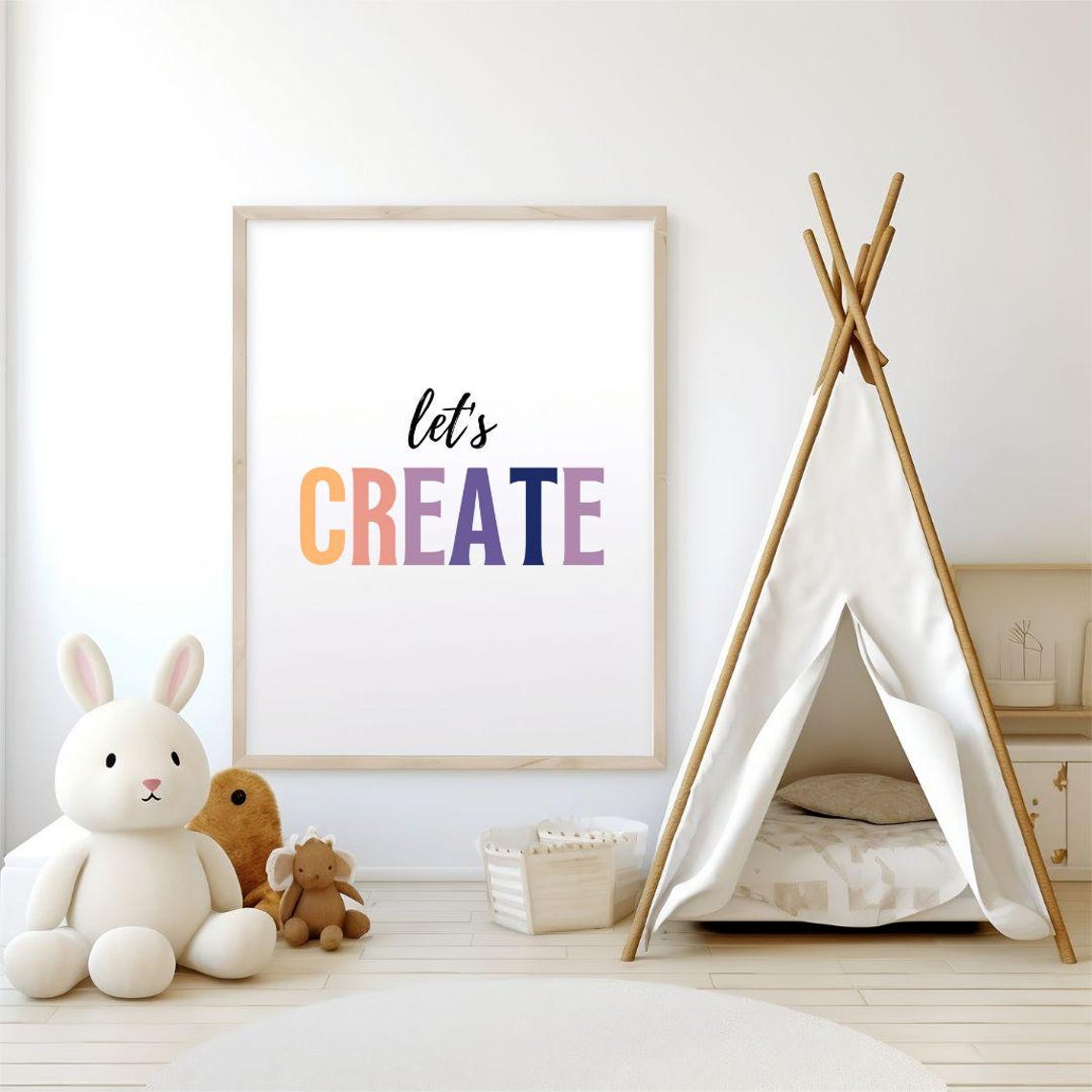 Lets Create Pastel Rainbow Letters Nursery Kids Room Decor Poster - Image 3