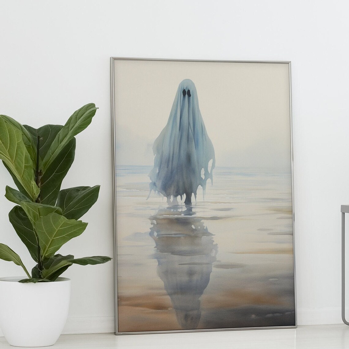 Minimalist Ghost On Misty Beach Watercolor Dark Academia Gothic Art Print - Image 3