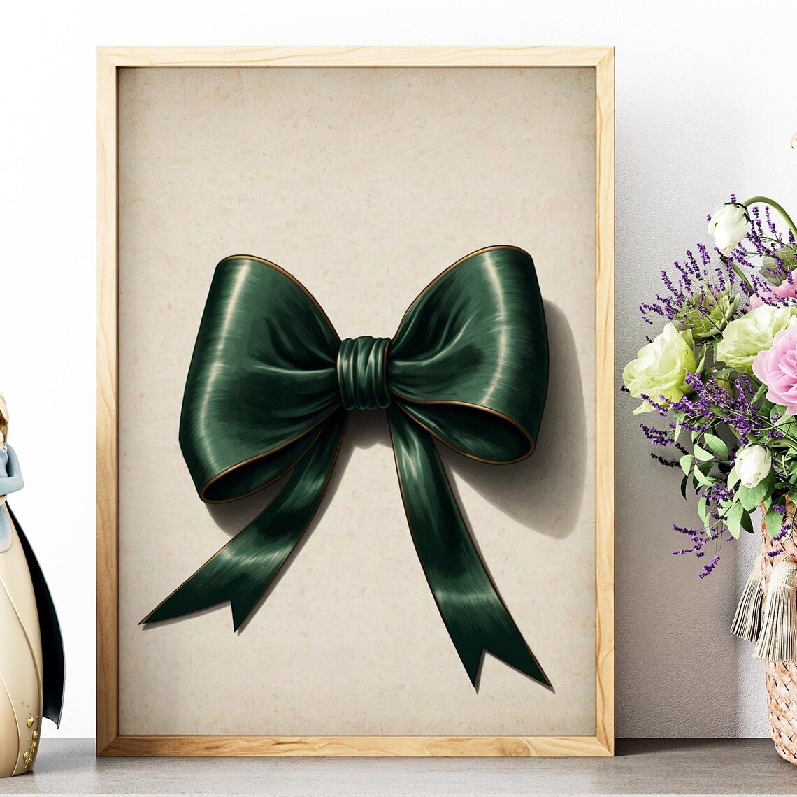 Emerald Green Satin Bow Painting Chic Preppy Girly Room Wall Art