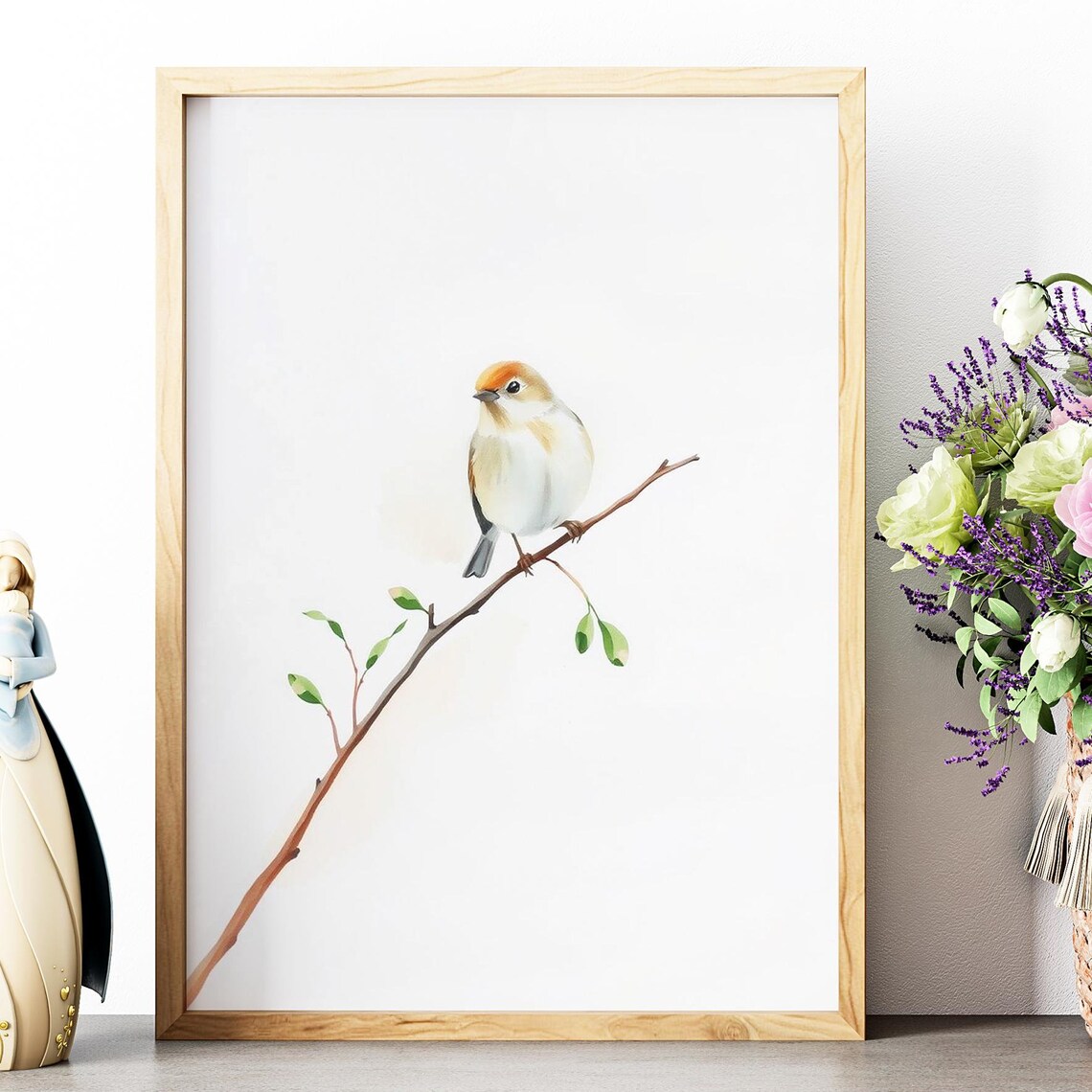 Tiny Bird On Branch Minimalist Watercolor Nature Sketch Wall Art Print