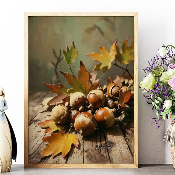 Acorns Autumn Leaves Still Life Vintage Oil Painting Rustic Fall Wall Art