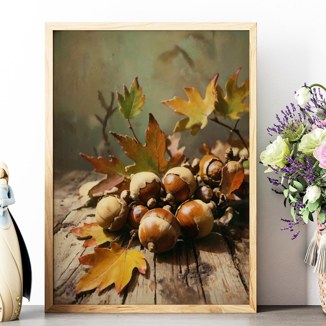 Acorns Autumn Leaves Still Life Vintage Oil Painting Rustic Fall Wall Art
