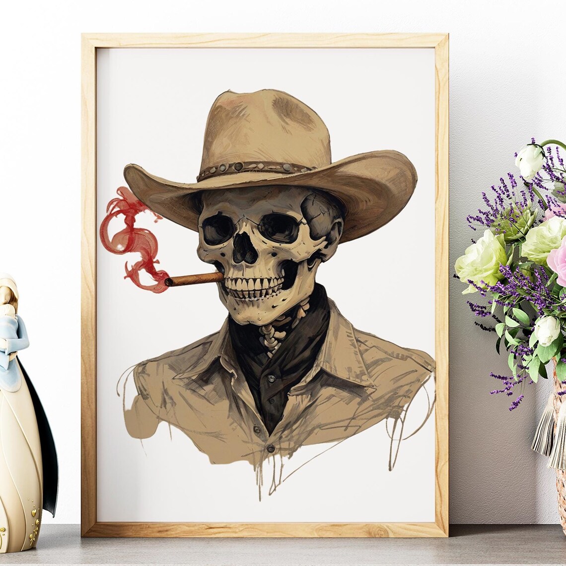 Skeleton Cowboy with Hat Smoking Cigar Western Eclectic Wall Art Print