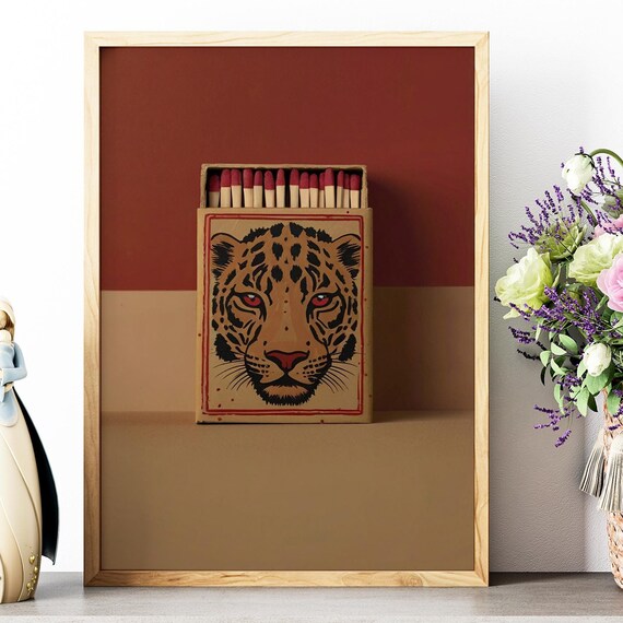 Vintage Leopard Matchbox Cover Red Burnt Orange Retro Wall Poster
