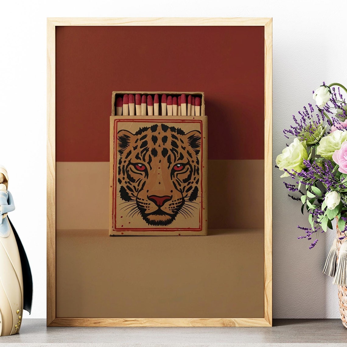 Vintage Leopard Matchbox Cover Red Burnt Orange Retro Wall Poster