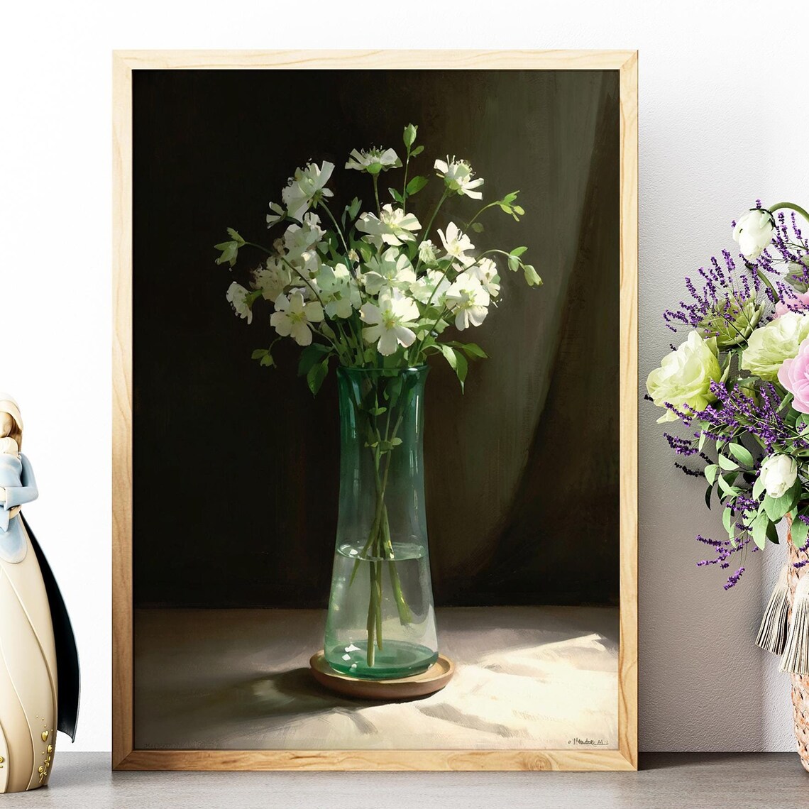 White Wildflowers In Glass Vase Dark Green Moody Still Life Art Poster