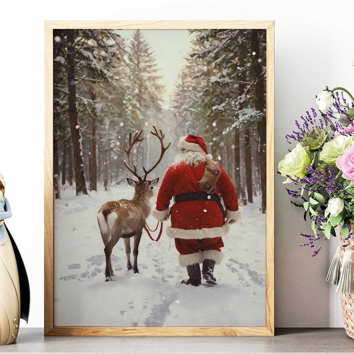 Santa Claus Walking with Reindeer in Snowy Forest Christmas Art Poster
