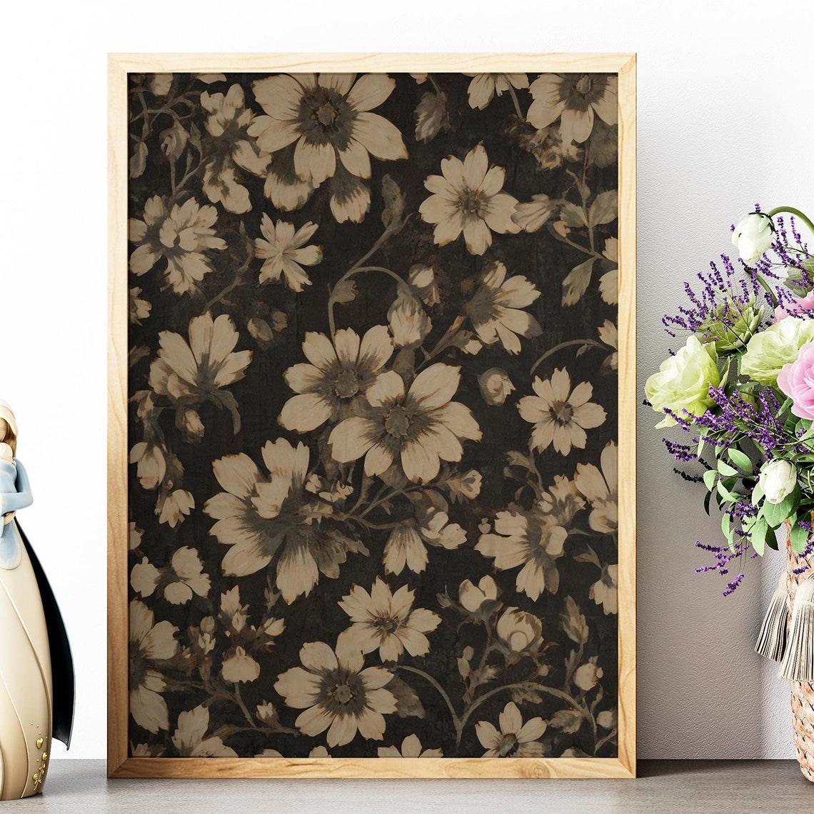 Moody Black Floral Pattern Beige Blooms Vintage Botanical Wall Poster